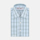 A neatly folded Turnbull & Asser Grey, Turquoise and Sky Blue Mixed Check Shirt with T&A collar and 3-button cuffs is displayed on a plain white background.