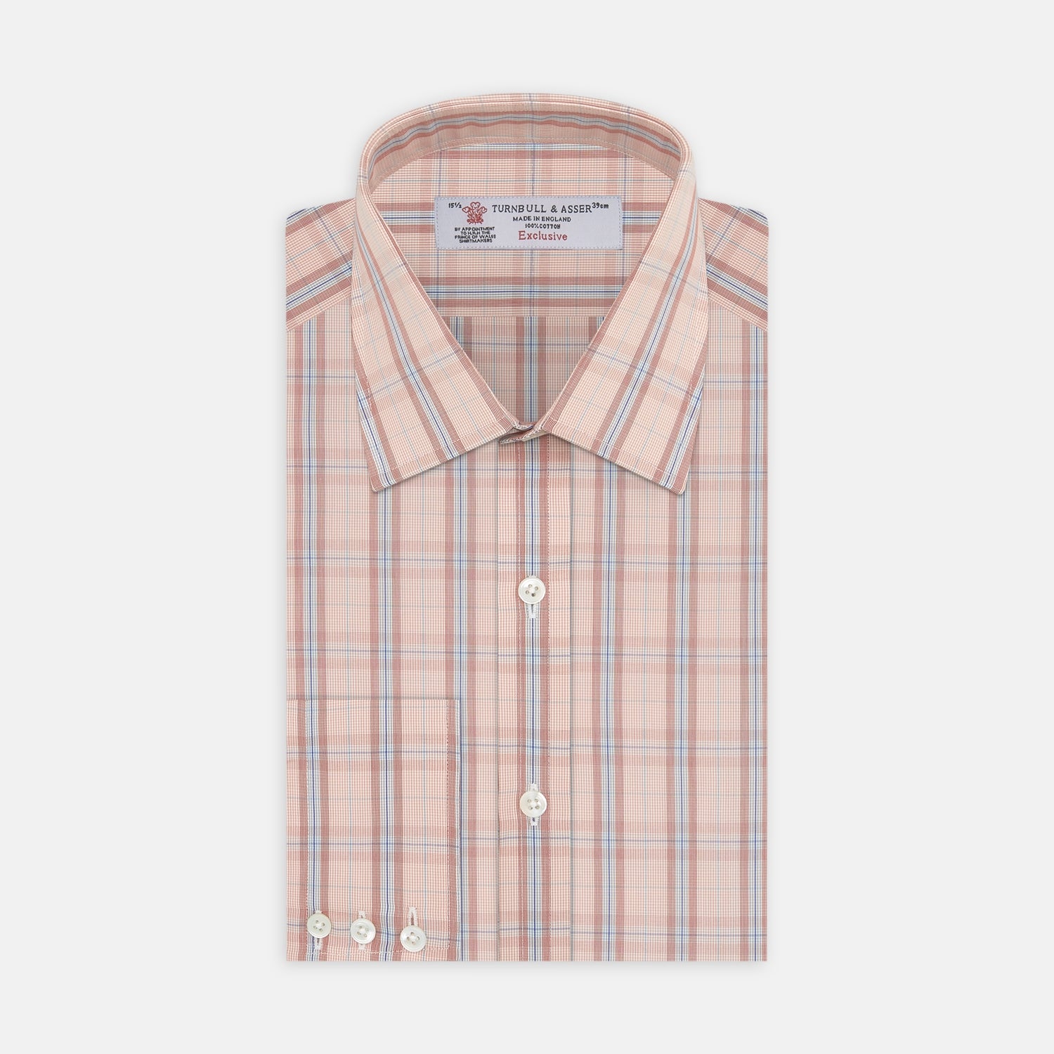 View 1 of product A neatly folded Turnbull & Asser Red, Grey and Navy Mixed Check Shirt features a T&A collar, white buttons, and 3-button cuffs. The label inside the collar is visible—a standout for any seasonal look.