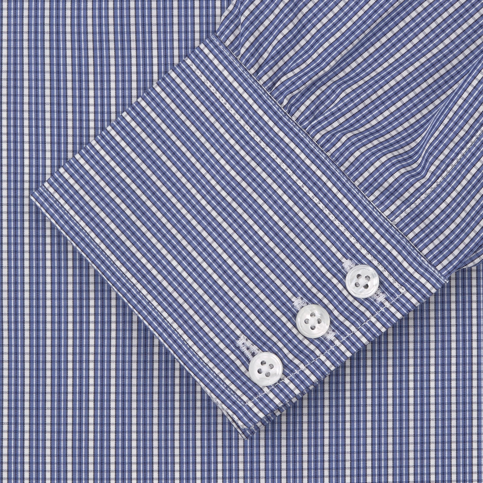 View 2 of product The Turnbull & Asser Navy Rich Check Shirt features a T&A collar, 3-button cuffs, and a checked pattern, shown laid flat on a white background.