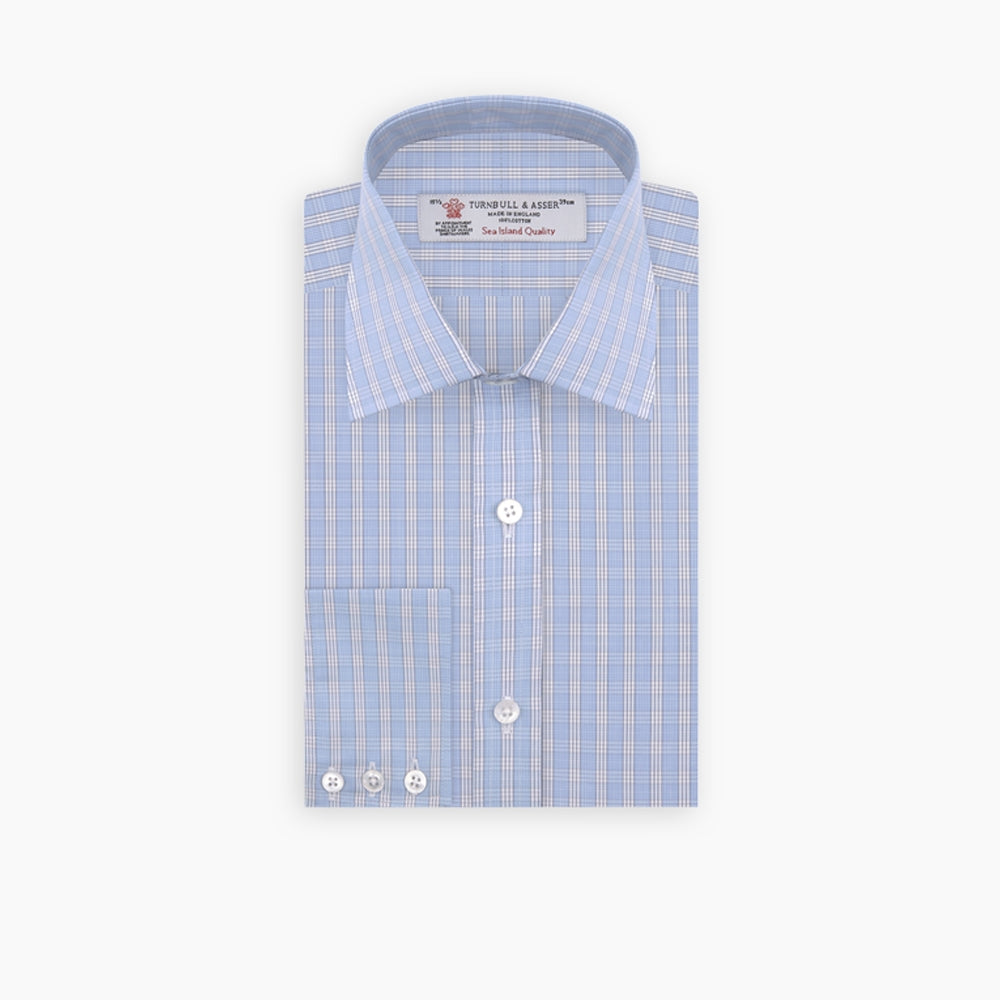 The Turnbull & Asser Blue and White Bold Check Shirt features a T&A collar, 3-button cuffs, and a classic plaid in blue and white, neatly folded with white buttons, displayed on a plain white background.
