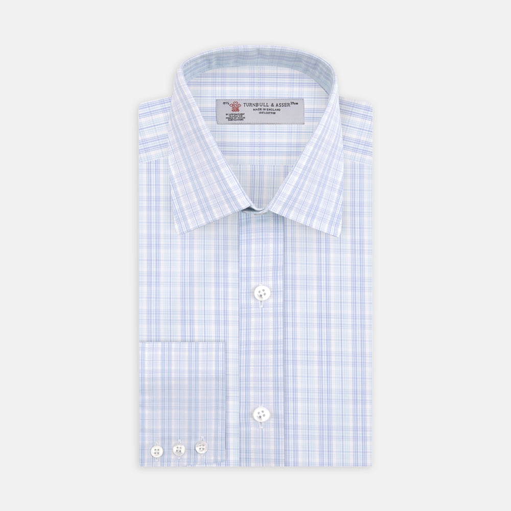 The Turnbull & Asser Blue and Green Business Plaid Check Shirt features a classic T&A collar and 3-button cuffs, displayed on a light grey background.