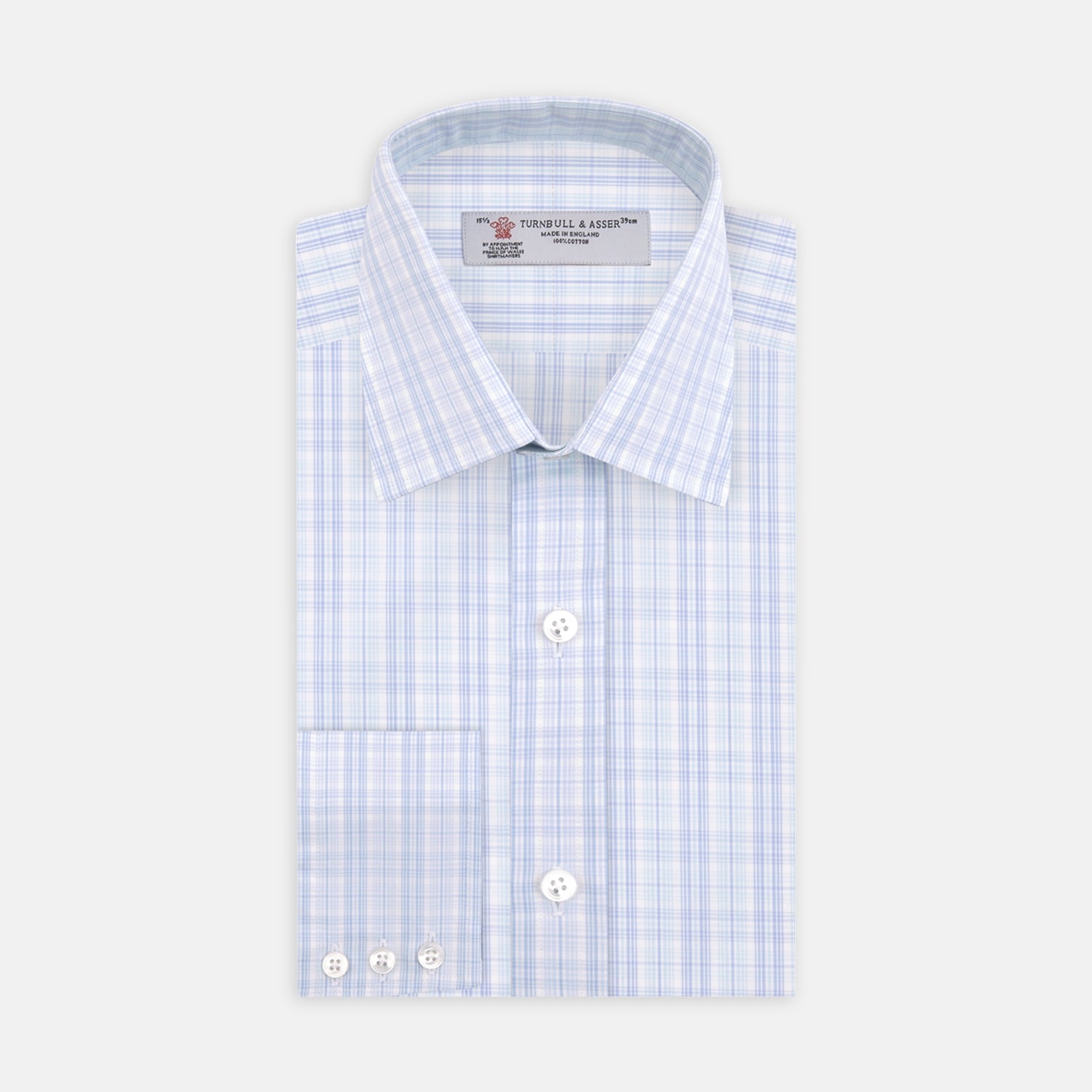 View 1 of product The Turnbull & Asser Blue and Green Business Plaid Check Shirt features a classic T&A collar and 3-button cuffs, displayed on a light grey background.