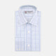 The Turnbull & Asser Blue and Green Business Plaid Check Shirt features a classic T&A collar and 3-button cuffs, displayed on a light grey background.