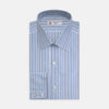 View 1 of product The Turnbull & Asser Blue and White Graph Stripe Shirt features a T&A collar, 3-button cuffs, and crisp vertical stripes, exemplifying refined bespoke tailoring. Displayed neatly folded on a plain light background.