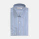 The Turnbull & Asser Blue and White Graph Stripe Shirt features a T&A collar, 3-button cuffs, and crisp vertical stripes, exemplifying refined bespoke tailoring. Displayed neatly folded on a plain light background.