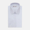 View 1 of product The Turnbull & Asser Light Blue Double Stripe Sea Island Quality Cotton Shirt features a T&A collar, 3-button cuffs, and white buttons, neatly folded and displayed against a plain light background.