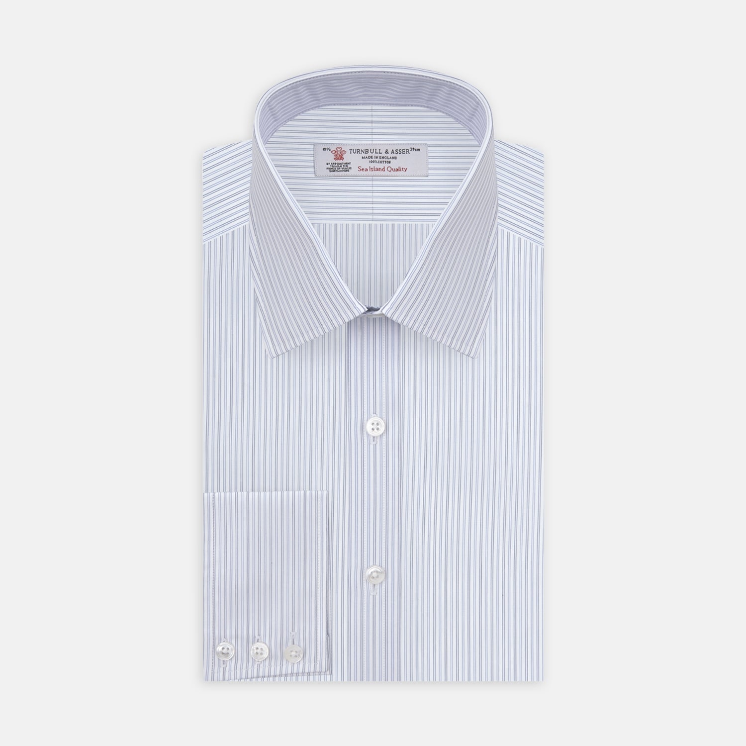 View 1 of product The Turnbull & Asser Light Blue Double Stripe Sea Island Quality Cotton Shirt features a T&A collar, 3-button cuffs, and white buttons, neatly folded and displayed against a plain light background.