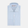 View 1 of product The Turnbull & Asser Sky Blue and Turquoise Pinstripe Shirt, featuring a Regent collar and double cuffs, is neatly displayed against a plain white background.