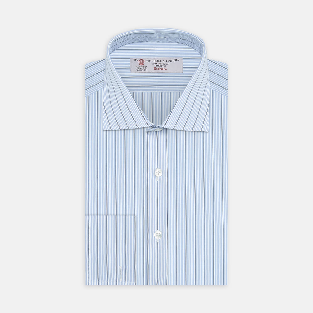 The Turnbull & Asser Sky Blue and Turquoise Pinstripe Shirt, featuring a Regent collar and double cuffs, is neatly displayed against a plain white background.