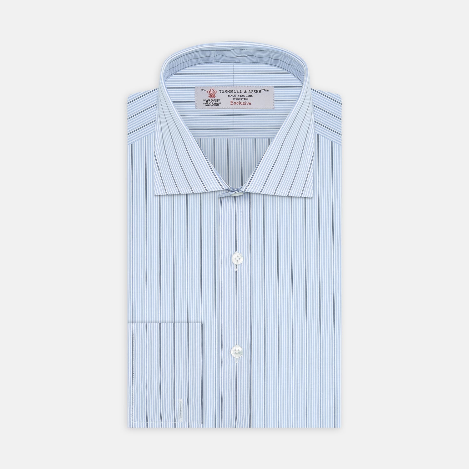 View 1 of product The Turnbull & Asser Sky Blue and Turquoise Pinstripe Shirt, featuring a Regent collar and double cuffs, is neatly displayed against a plain white background.