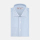 The Turnbull & Asser Sky Blue and Turquoise Pinstripe Shirt, featuring a Regent collar and double cuffs, is neatly displayed against a plain white background.