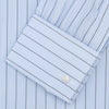 View 4 of product The Turnbull & Asser Sky Blue and Turquoise Pinstripe Shirt, featuring a Regent collar and double cuffs, is neatly displayed against a plain white background.