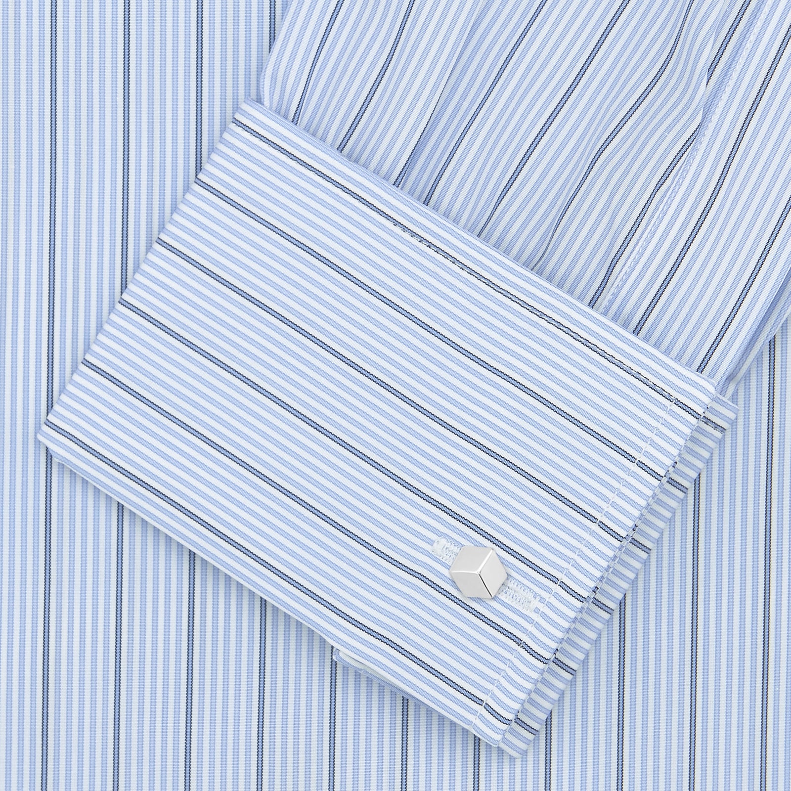 View 4 of product The Turnbull & Asser Sky Blue and Turquoise Pinstripe Shirt, featuring a Regent collar and double cuffs, is neatly displayed against a plain white background.