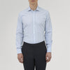 View 2 of product The Turnbull & Asser Sky Blue and Turquoise Pinstripe Shirt, featuring a Regent collar and double cuffs, is neatly displayed against a plain white background.