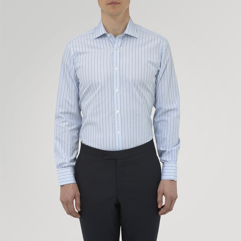 The Turnbull & Asser Sky Blue and Turquoise Pinstripe Shirt, featuring a Regent collar and double cuffs, is neatly displayed against a plain white background.