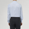 View 3 of product The Turnbull & Asser Sky Blue and Turquoise Pinstripe Shirt, featuring a Regent collar and double cuffs, is neatly displayed against a plain white background.