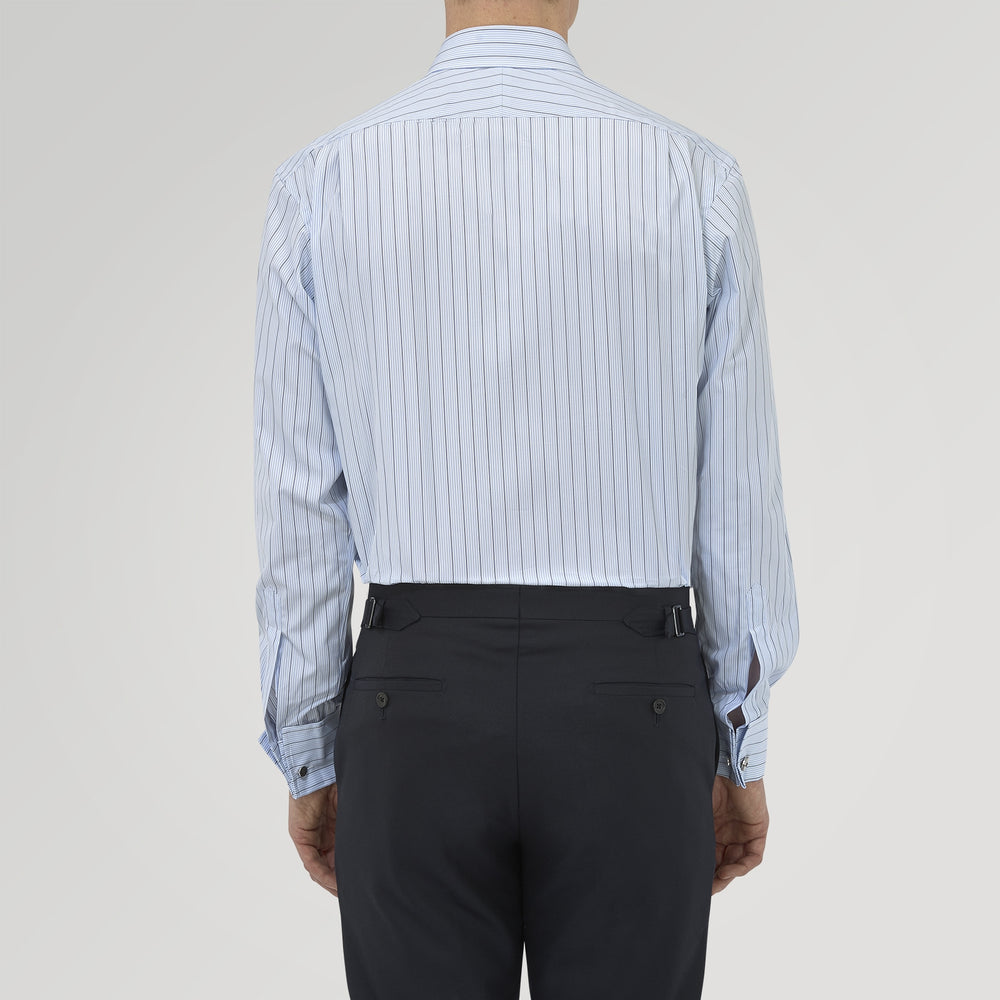 The Turnbull & Asser Sky Blue and Turquoise Pinstripe Shirt, featuring a Regent collar and double cuffs, is neatly displayed against a plain white background.