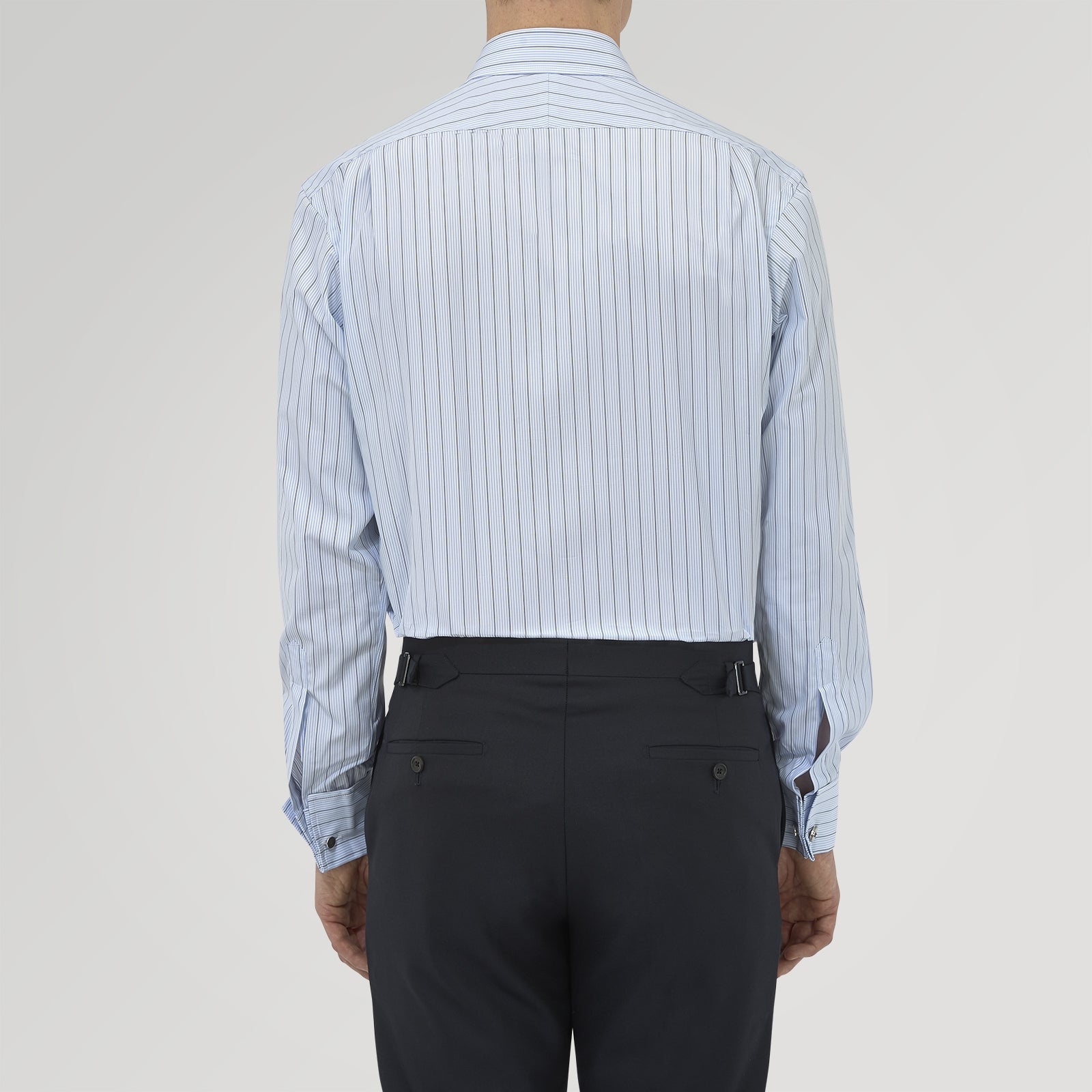 View 3 of product The Turnbull & Asser Sky Blue and Turquoise Pinstripe Shirt, featuring a Regent collar and double cuffs, is neatly displayed against a plain white background.