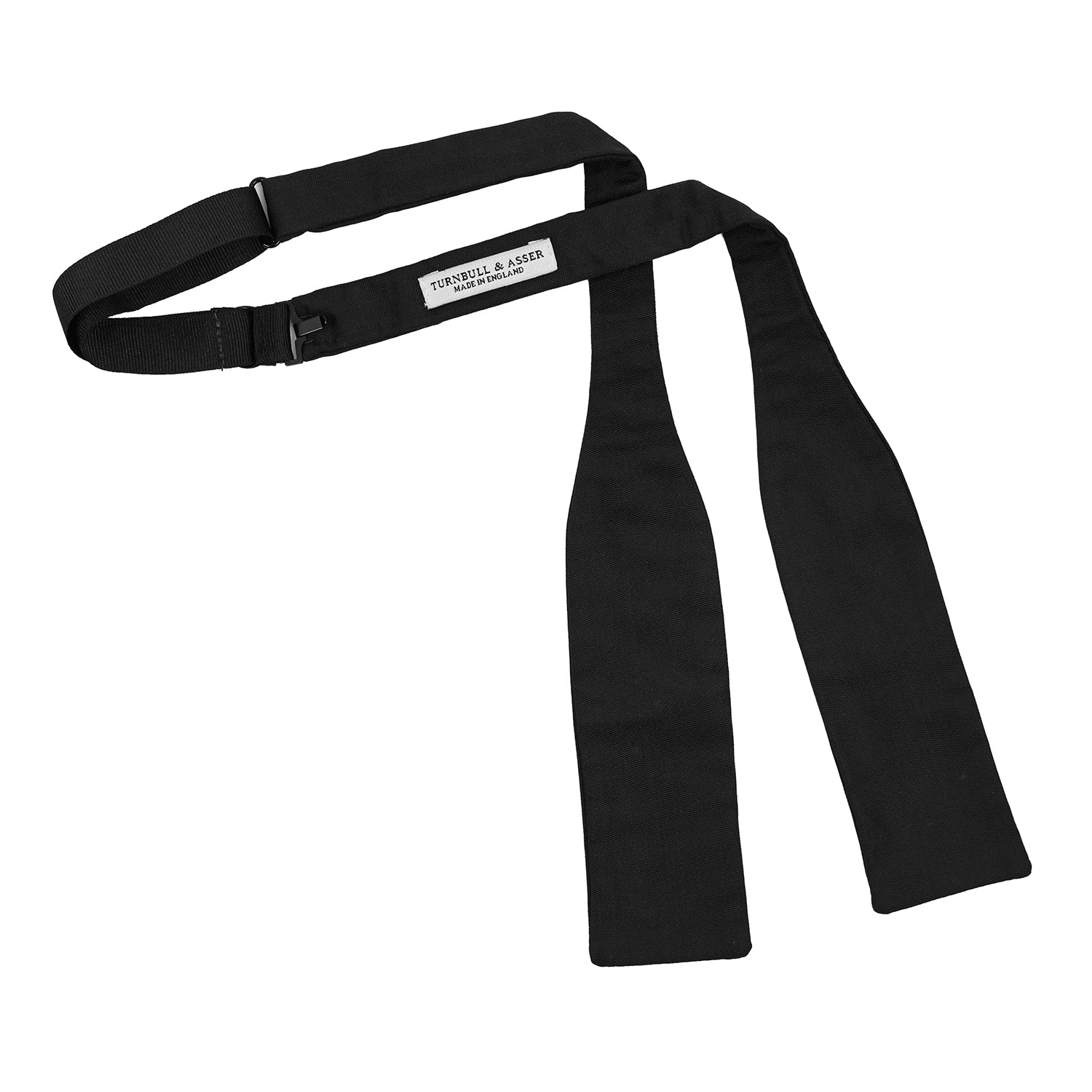 View 4 of product The Black Narrow Silk Bow Tie by Turnbull & Asser features a classic slim design with a matte finish, neatly tied and centered on a plain white background—perfect for formal occasions.