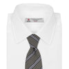 View 2 of product The Turnbull & Asser Grey Diagonal Stripe Cotton and Silk Tie features a navy, grey, and white striped pattern and is shown rolled up against a plain white background.