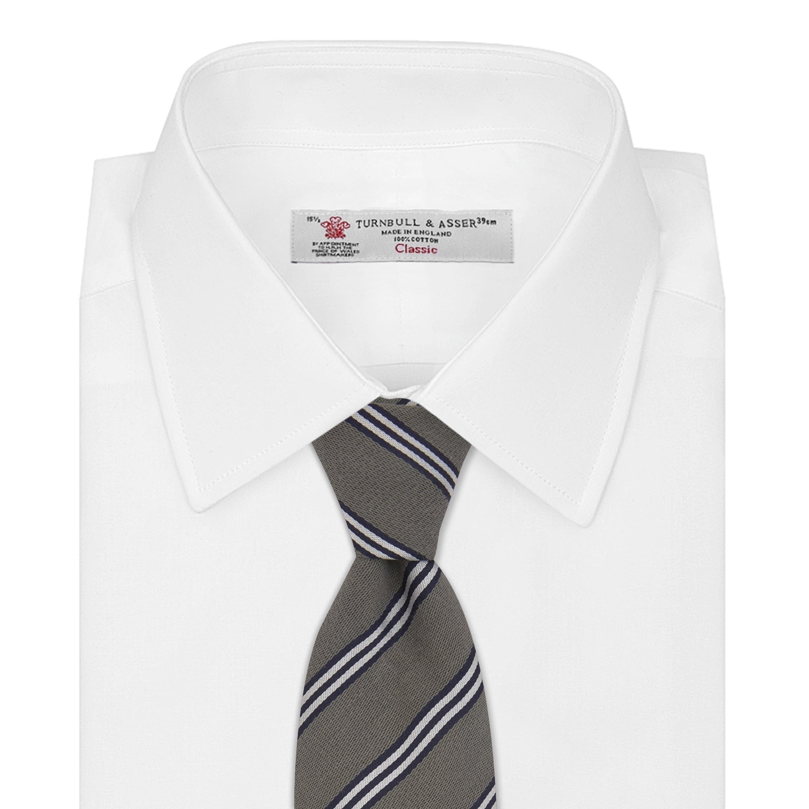 View 2 of product The Turnbull & Asser Grey Diagonal Stripe Cotton and Silk Tie features a navy, grey, and white striped pattern and is shown rolled up against a plain white background.