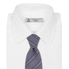 View 2 of product The Turnbull & Asser Lilac Diagonal Stripe Cotton and Silk Tie features classic black and white stripes, shown neatly rolled on a white background.