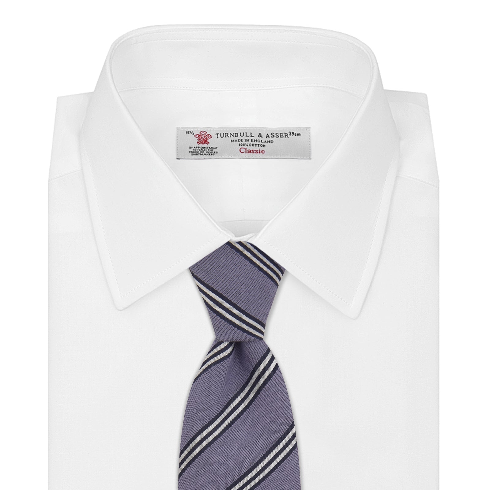 View 2 of product The Turnbull & Asser Lilac Diagonal Stripe Cotton and Silk Tie features classic black and white stripes, shown neatly rolled on a white background.