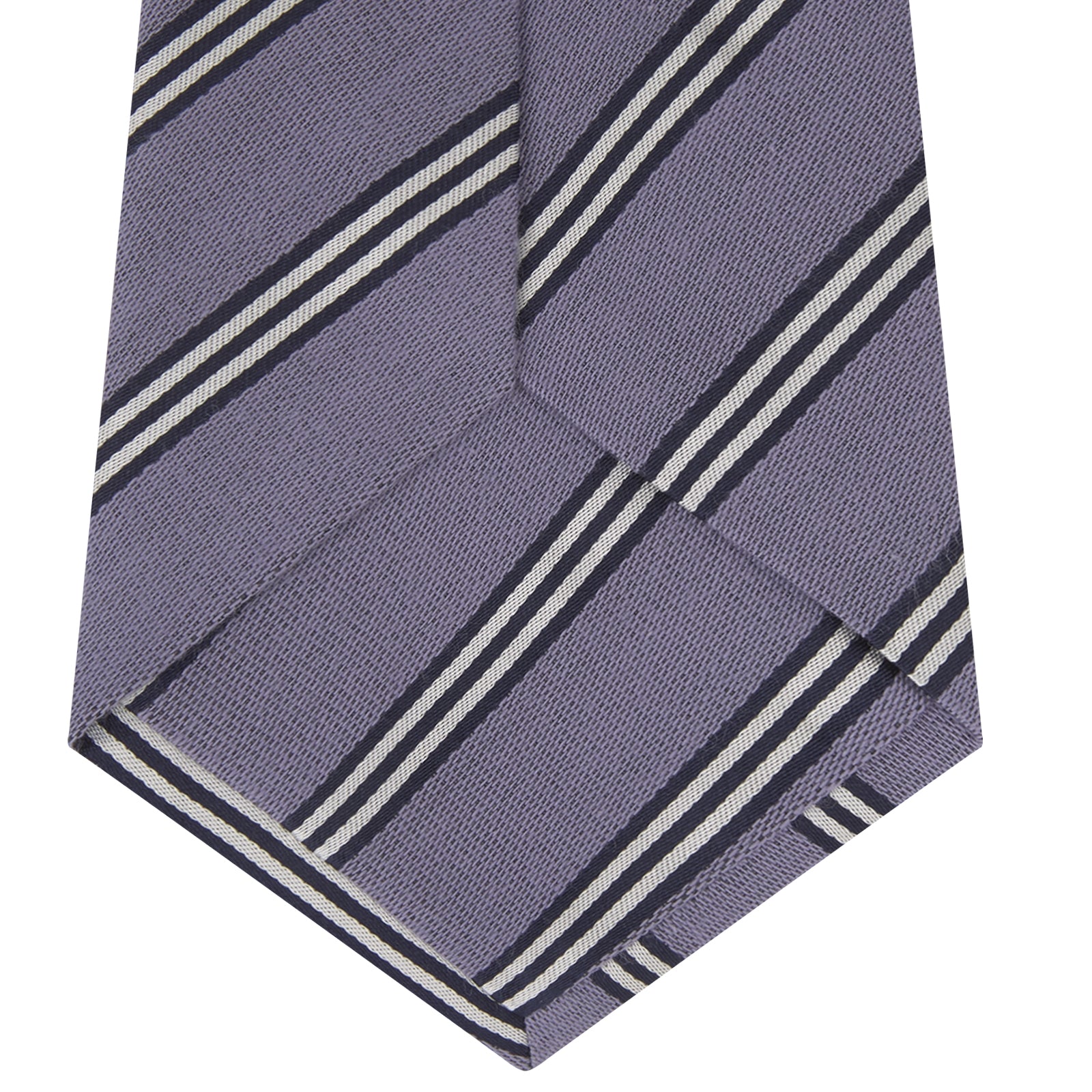 View 4 of product The Turnbull & Asser Lilac Diagonal Stripe Cotton and Silk Tie features classic black and white stripes, shown neatly rolled on a white background.