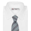 View 2 of product The Turnbull & Asser Powder Blue Diagonal Stripe Cotton and Silk Tie, featuring navy and white club stripes, is shown rolled up on a plain white background.