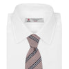 View 2 of product The Turnbull & Asser Pastel Pink Diagonal Stripe Cotton and Silk Tie, featuring navy blue and white stripes, is neatly rolled against a plain white background.