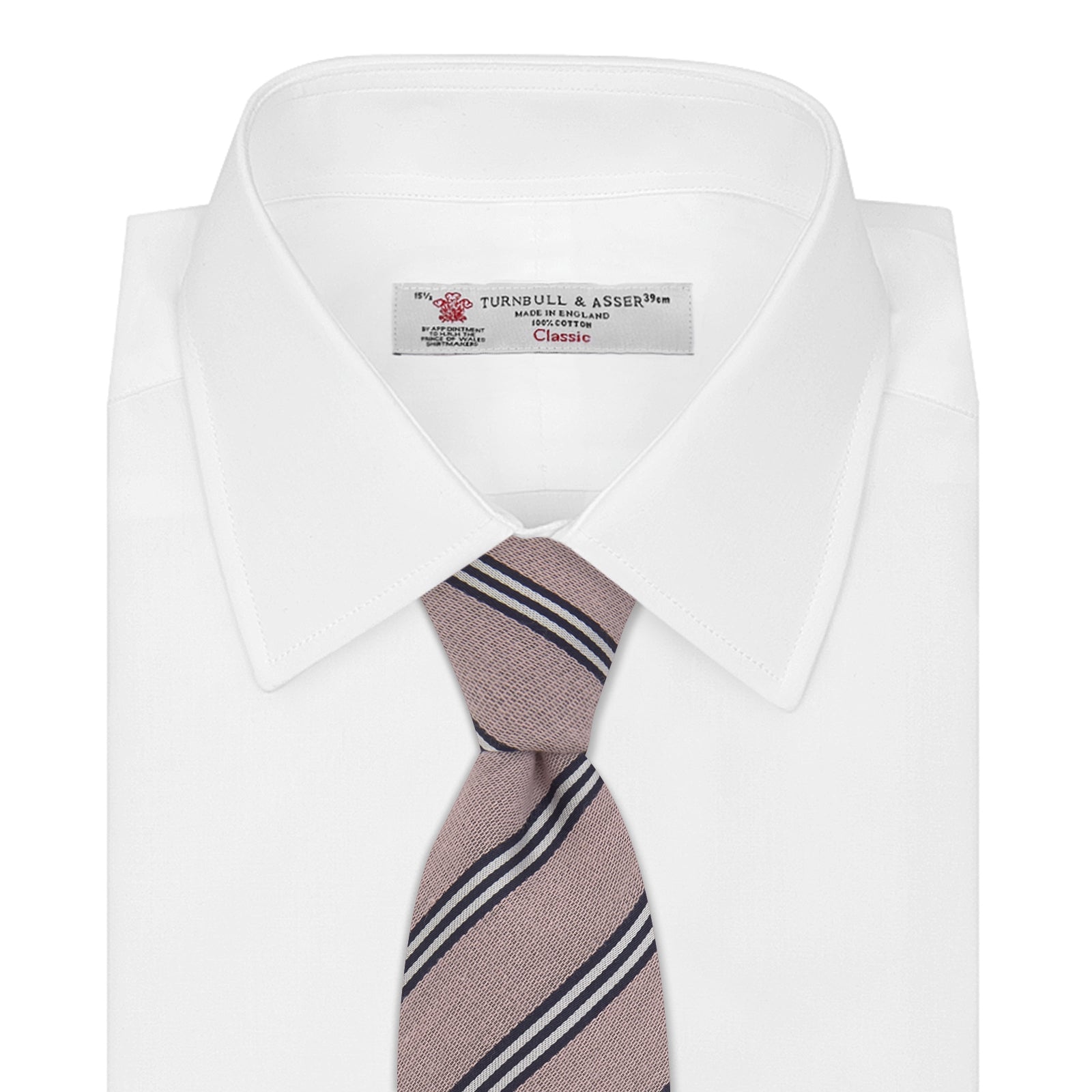 View 2 of product The Turnbull & Asser Pastel Pink Diagonal Stripe Cotton and Silk Tie, featuring navy blue and white stripes, is neatly rolled against a plain white background.