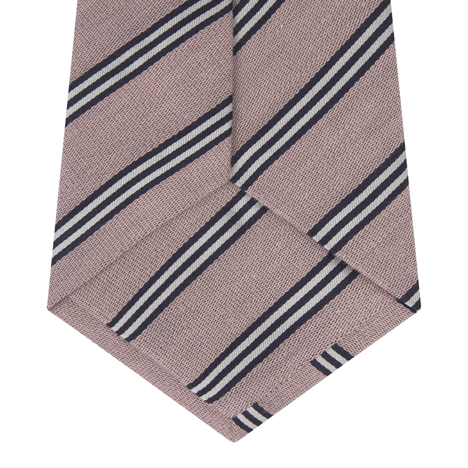 View 4 of product The Turnbull & Asser Pastel Pink Diagonal Stripe Cotton and Silk Tie, featuring navy blue and white stripes, is neatly rolled against a plain white background.