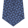 View 4 of product The Turnbull & Asser Blue Geo Silk Tie features a refined blue silk with a light blue abstract leaf pattern in a geometric design, rolled at one end and shown on a plain white background.