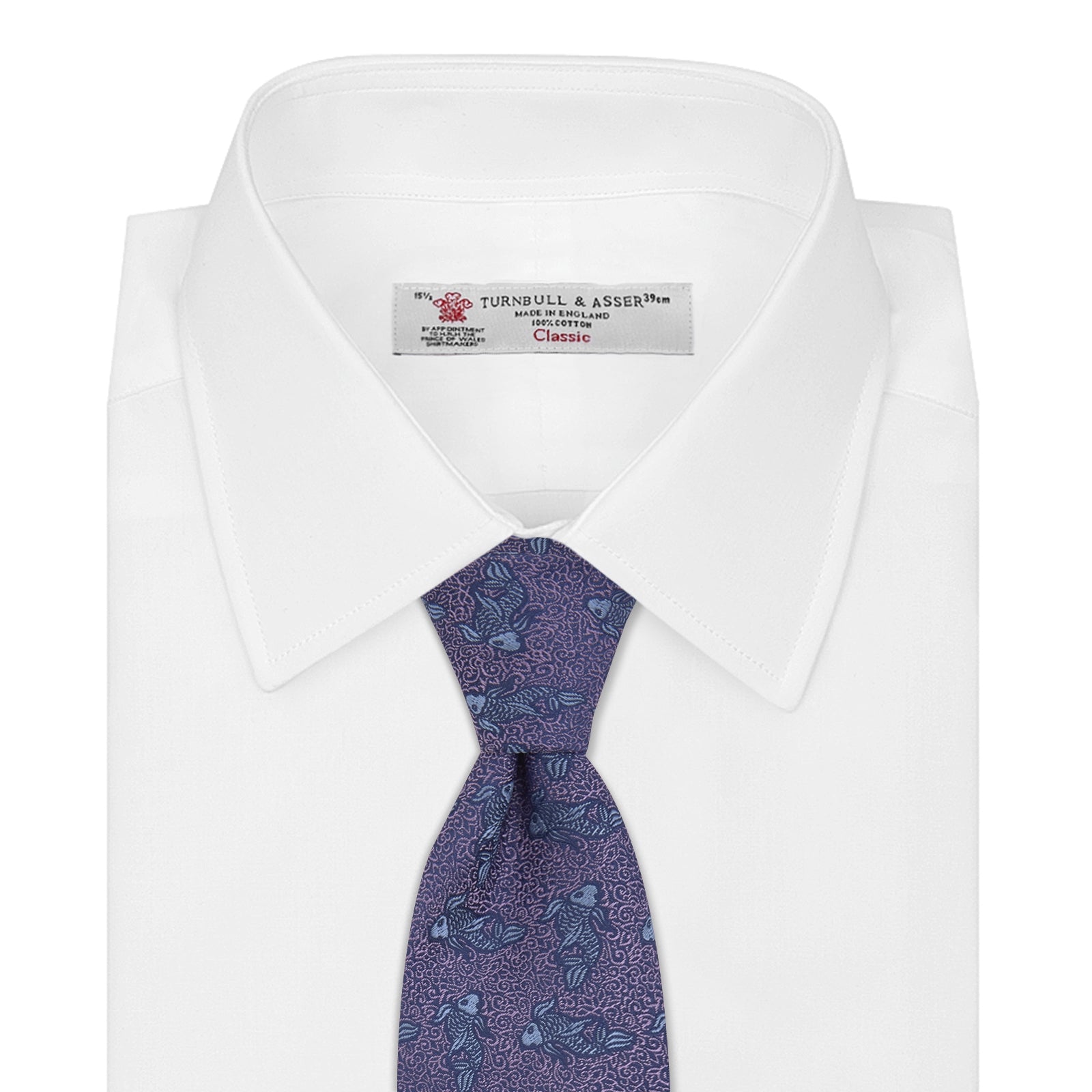 View 2 of product The Turnbull & Asser Purple Carp Silk Tie, woven in England, features blue koi fish and swirling patterns on purple silk and is shown against a plain white background.