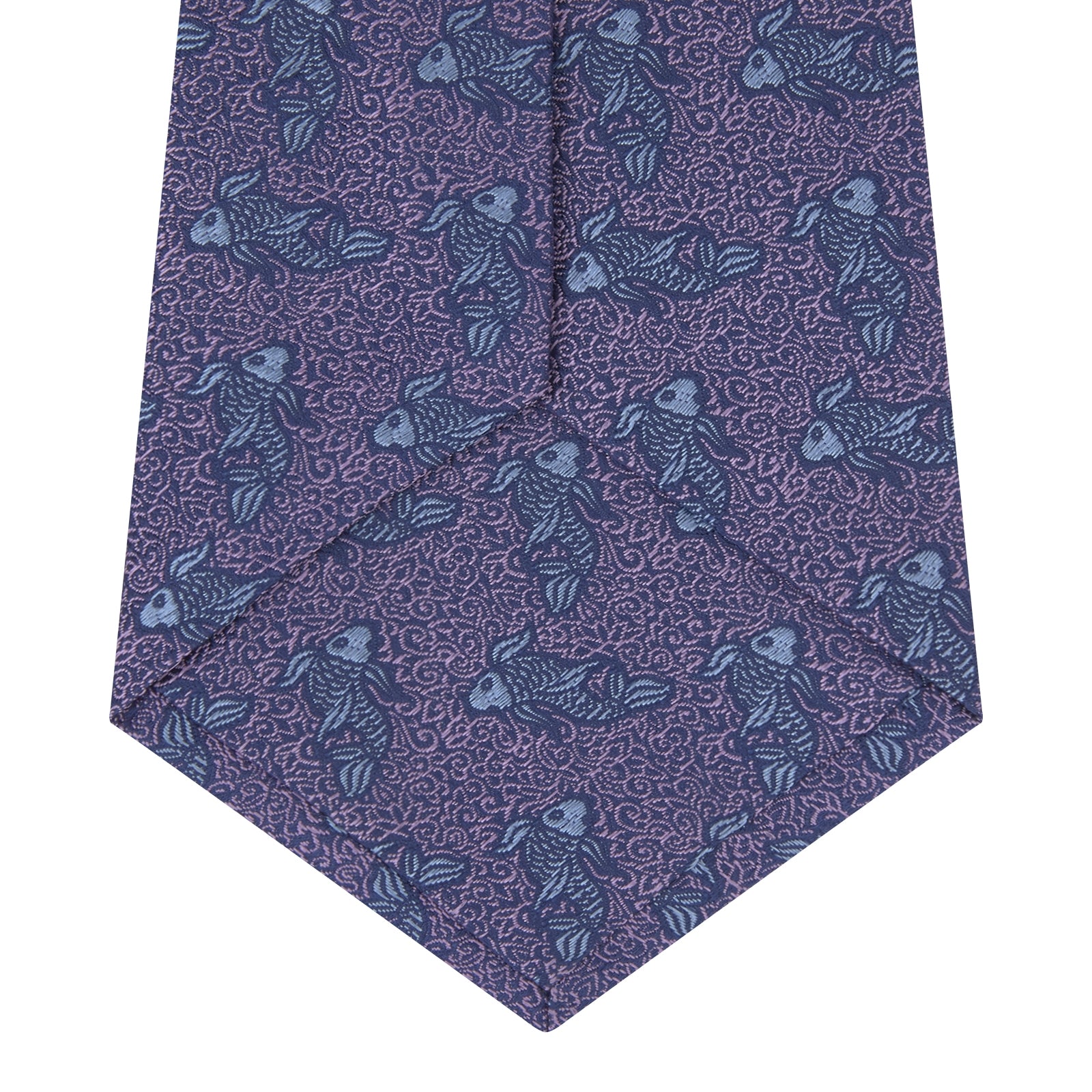 View 4 of product The Turnbull & Asser Purple Carp Silk Tie, woven in England, features blue koi fish and swirling patterns on purple silk and is shown against a plain white background.