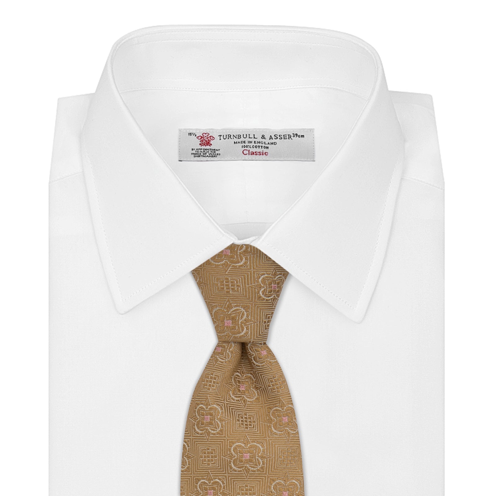 View 2 of product The Gold Flower Mosaic Silk Tie by Turnbull & Asser features an intricate gold jacquard pattern of geometric shapes and floral designs in pink and light brown hues.
