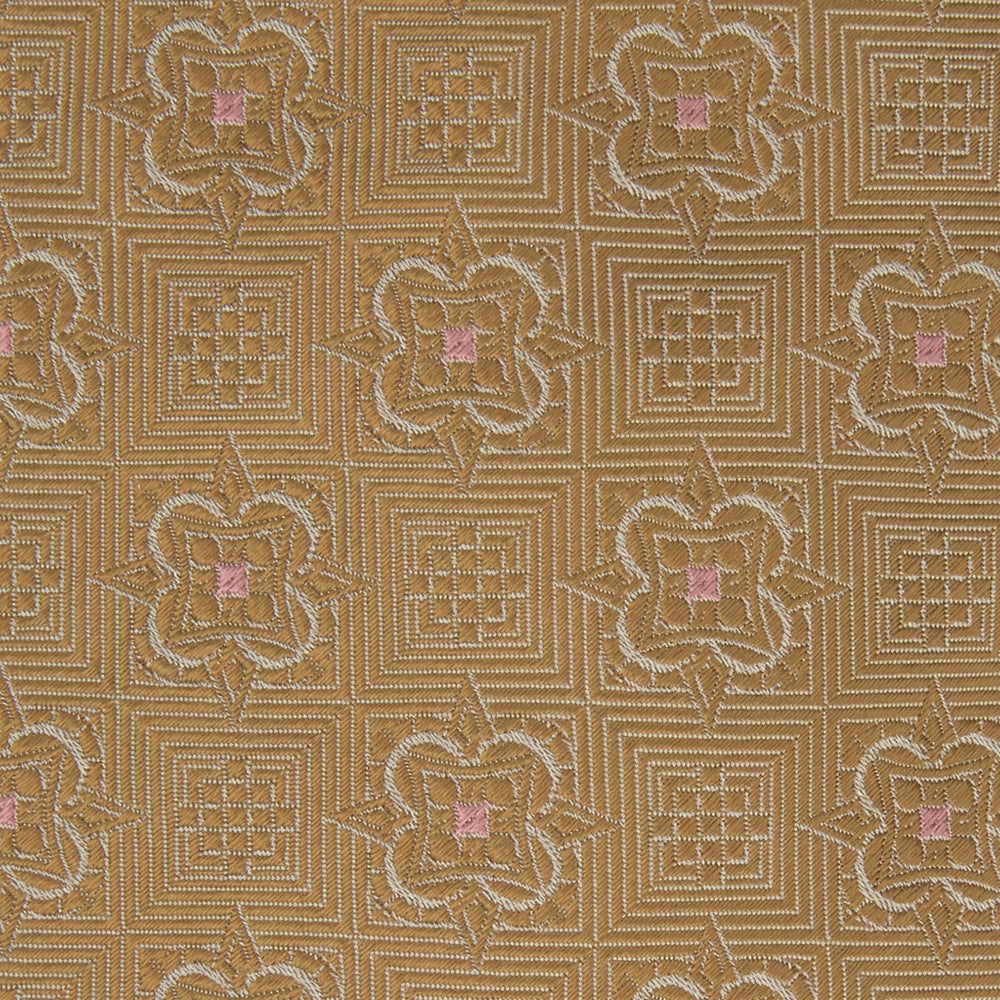The Gold Flower Mosaic Silk Tie by Turnbull & Asser features an intricate gold jacquard pattern of geometric shapes and floral designs in pink and light brown hues.