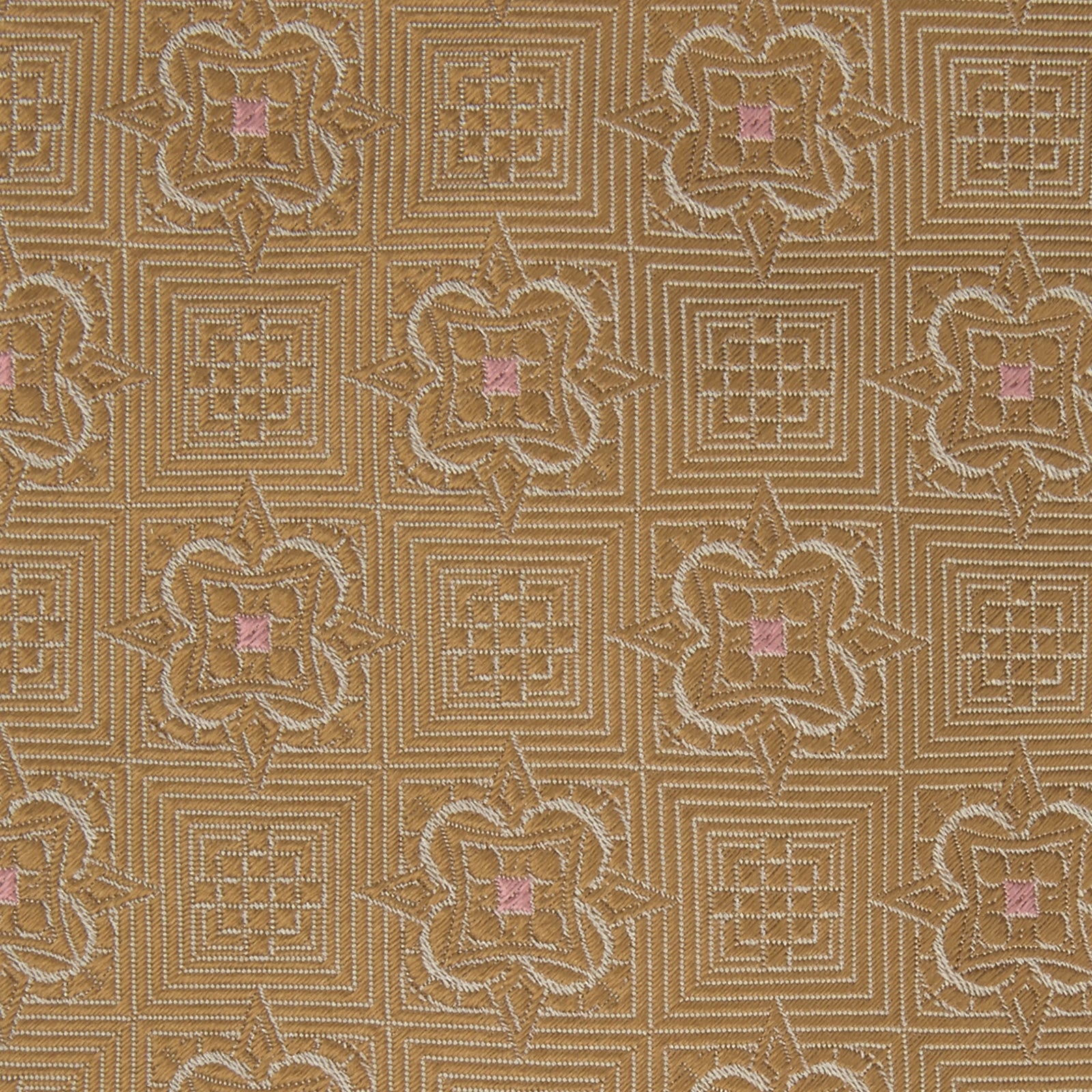 View 3 of product The Gold Flower Mosaic Silk Tie by Turnbull & Asser features an intricate gold jacquard pattern of geometric shapes and floral designs in pink and light brown hues.