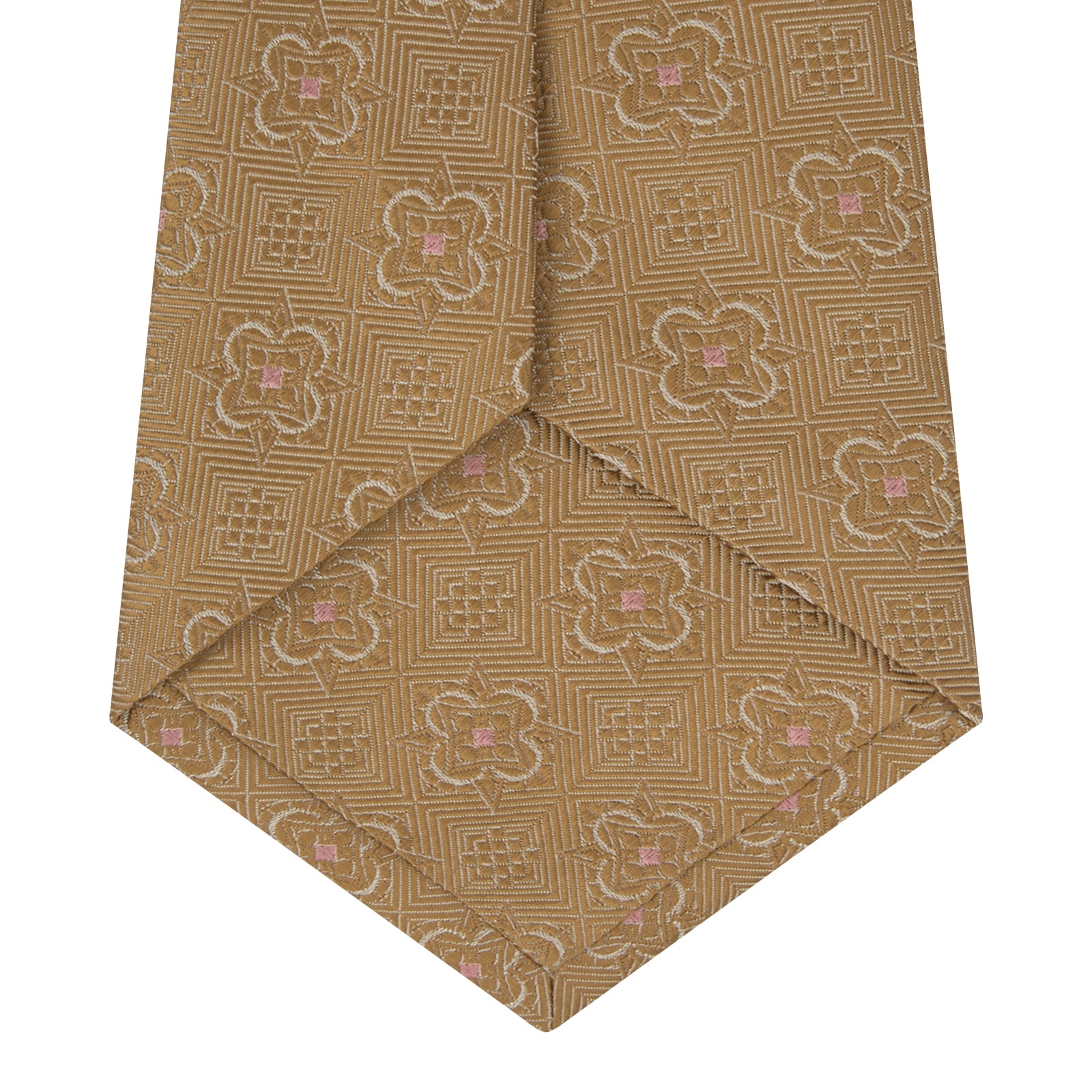 View 4 of product The Gold Flower Mosaic Silk Tie by Turnbull & Asser features an intricate gold jacquard pattern of geometric shapes and floral designs in pink and light brown hues.