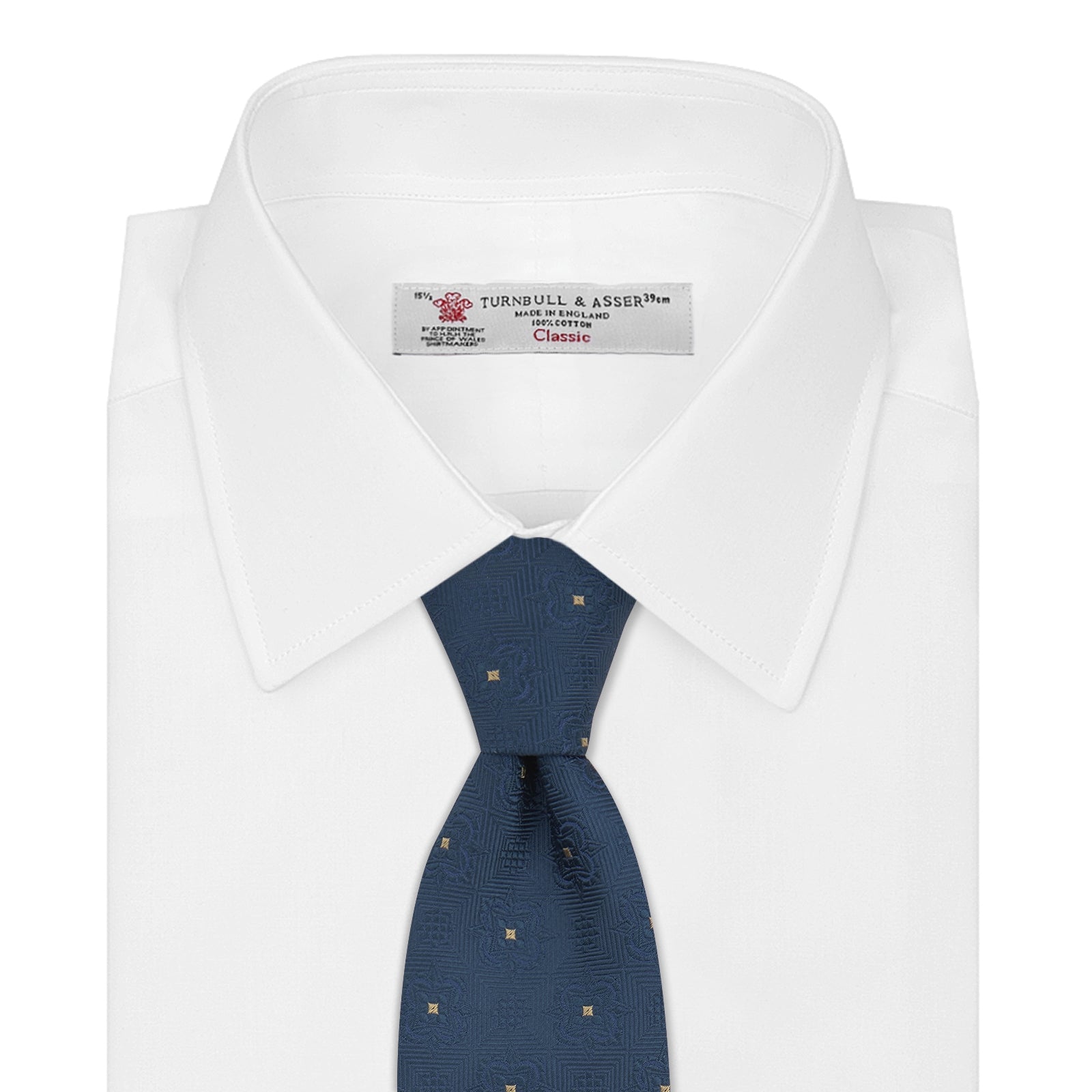 View 2 of product The Deep Turquoise Flower Mosaic Silk Tie by Turnbull & Asser features a jacquard design in blue with a subtle geometric pattern and small gold square accents evenly spaced across the fabric.