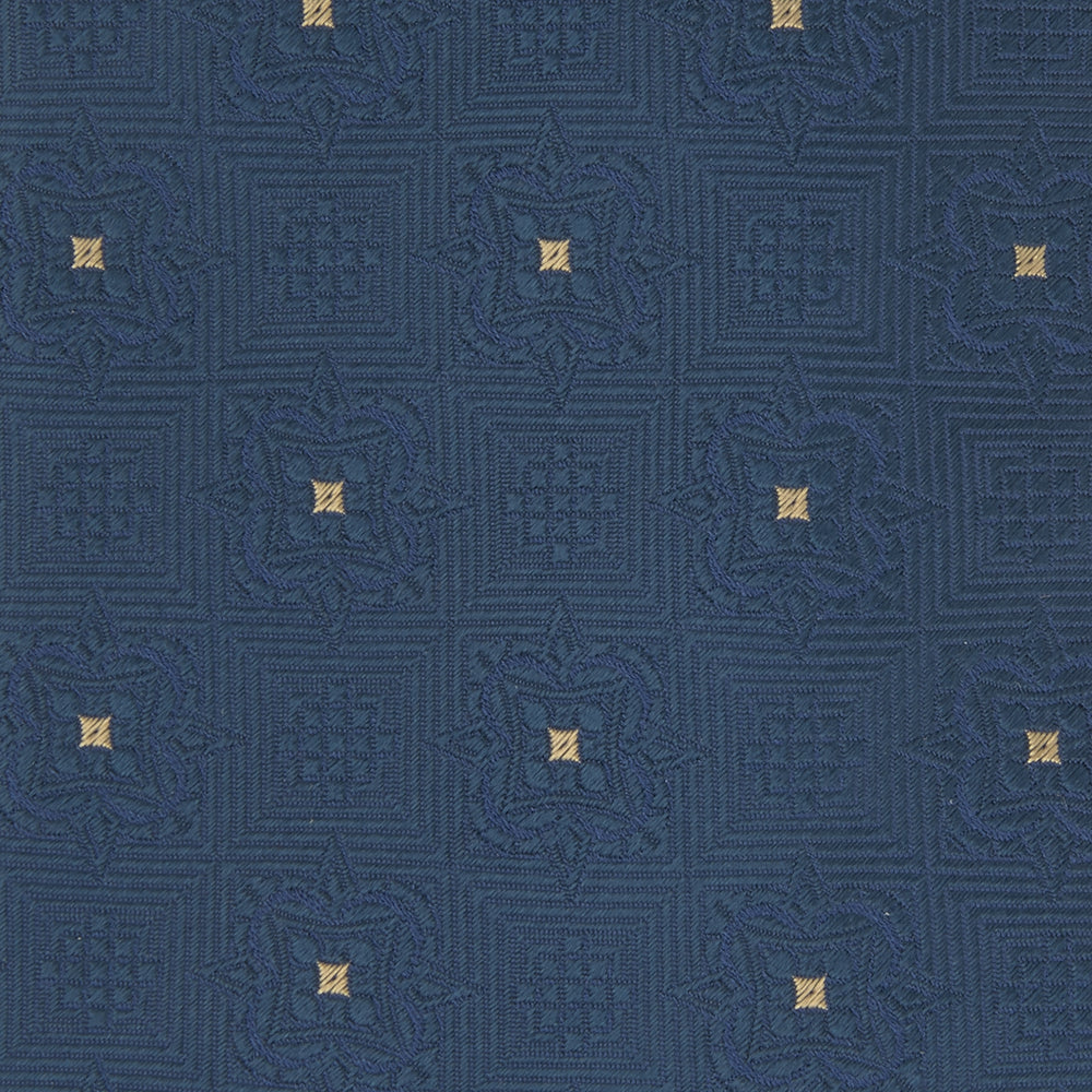 The Deep Turquoise Flower Mosaic Silk Tie by Turnbull & Asser features a jacquard design in blue with a subtle geometric pattern and small gold square accents evenly spaced across the fabric.
