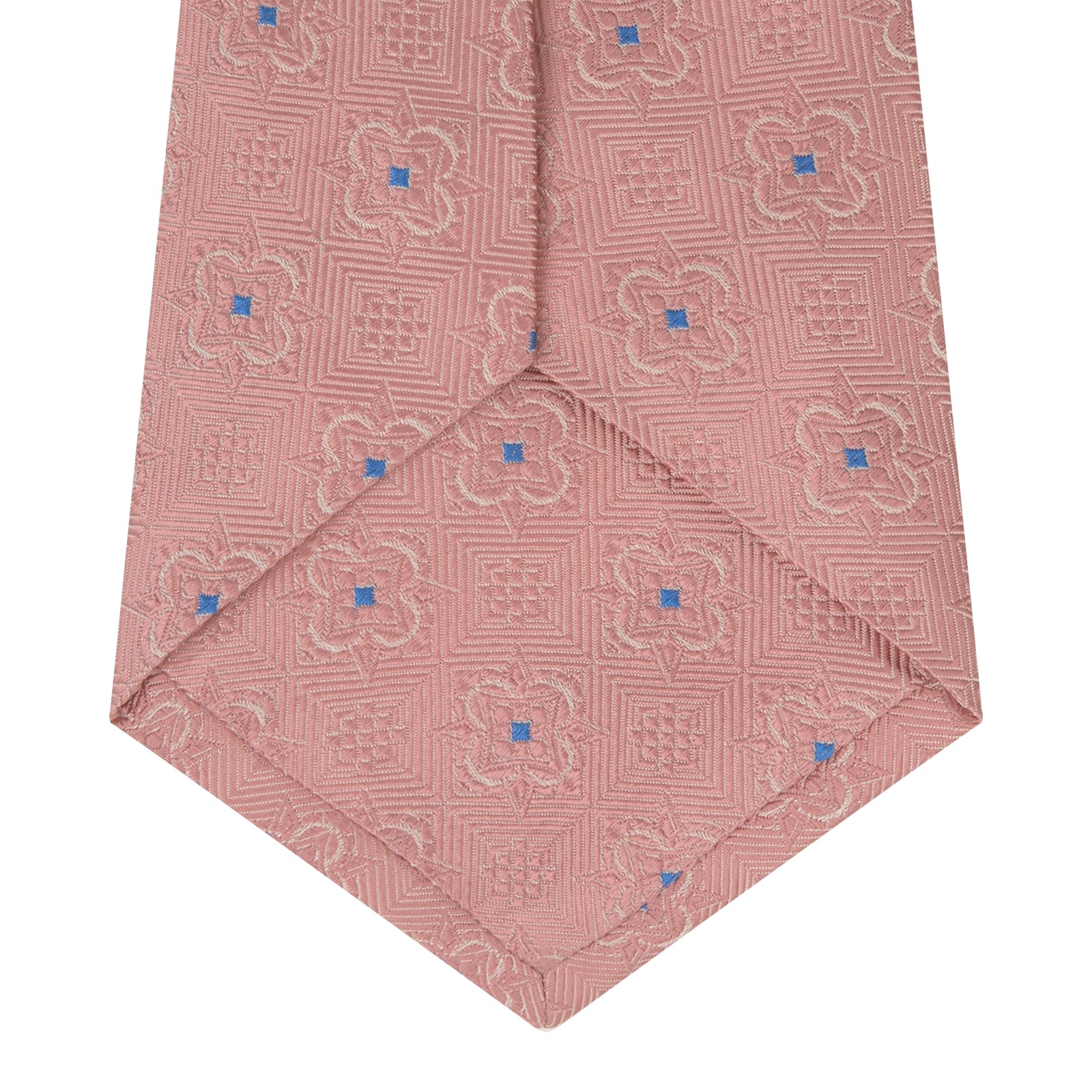 View 4 of product The Pink Flower Mosaic Silk Tie by Turnbull & Asser features a subtle jacquard texture with small blue floral accents, shown on a white background.