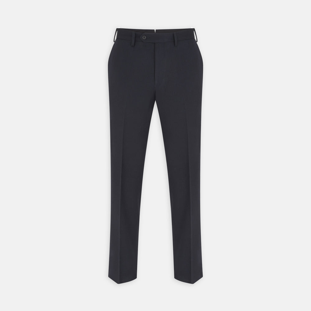 The Turnbull & Asser Manson Navy Wool Serge Trousers feature a tailored, straight-leg fit with belt loops, front button, and side pockets, crafted from wool serge twill and displayed against a white background.