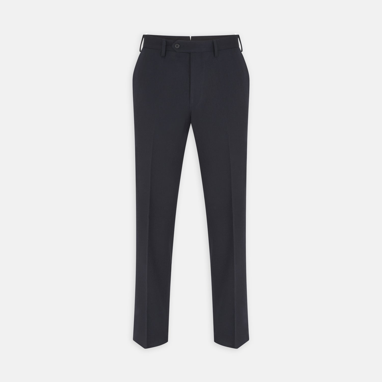 View 1 of product The Turnbull & Asser Manson Navy Wool Serge Trousers feature a tailored, straight-leg fit with belt loops, front button, and side pockets, crafted from wool serge twill and displayed against a white background.