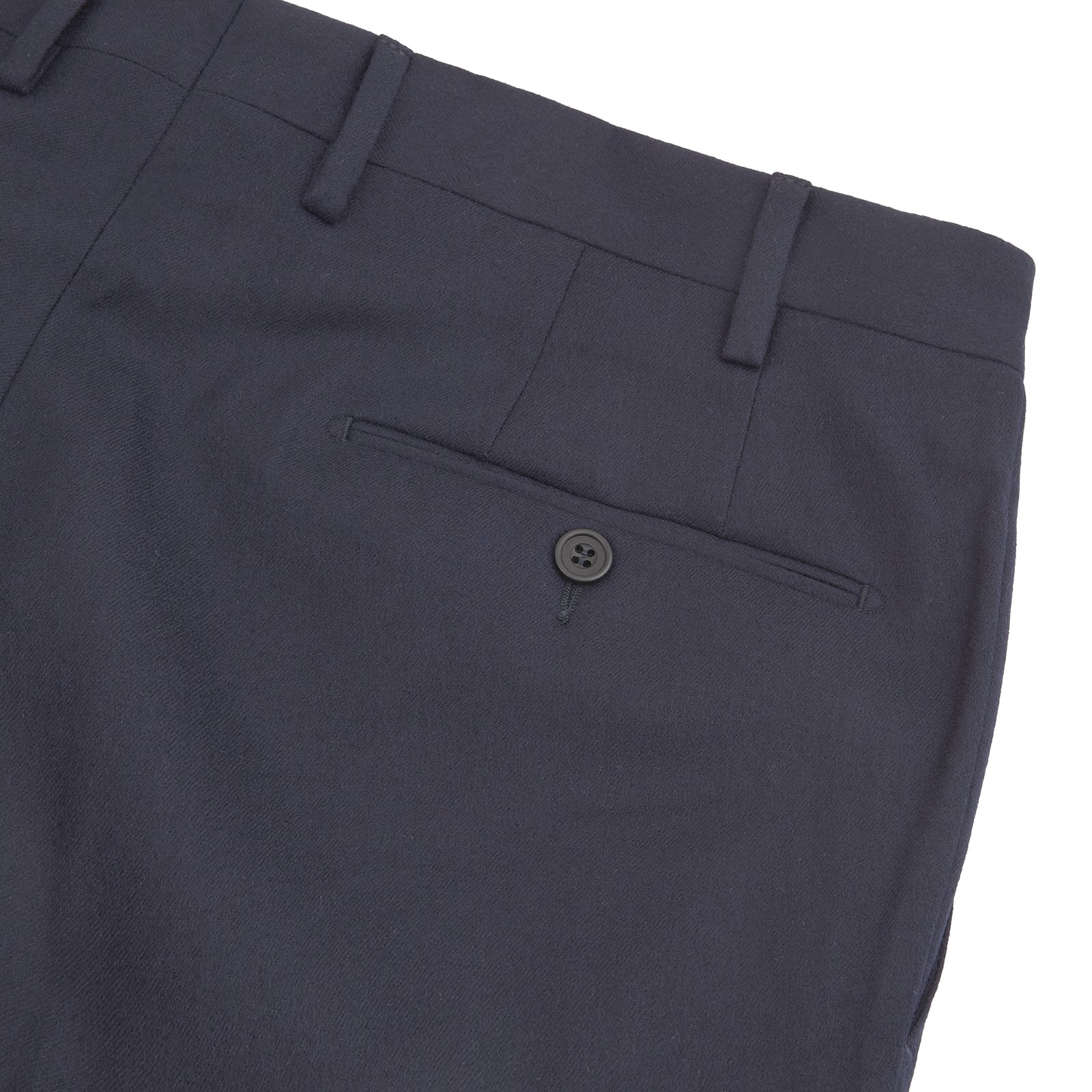 View 2 of product The Turnbull & Asser Manson Navy Wool Serge Trousers feature a tailored, straight-leg fit with belt loops, front button, and side pockets, crafted from wool serge twill and displayed against a white background.