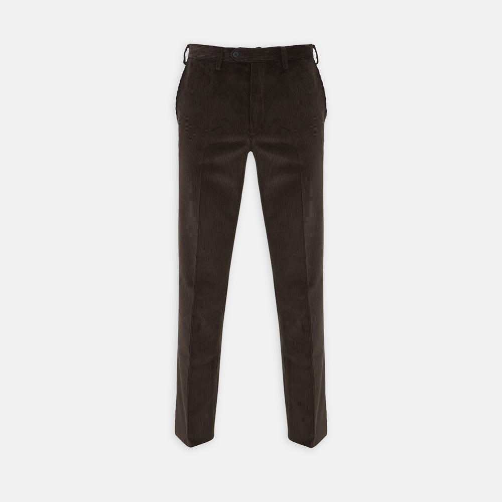 Turnbull & Asser’s Chocolate Brown Corduroy Trousers feature a straight-leg cut, side pockets, and belt loops—ideal for upgrading your winter wardrobe—shown against a plain white background.