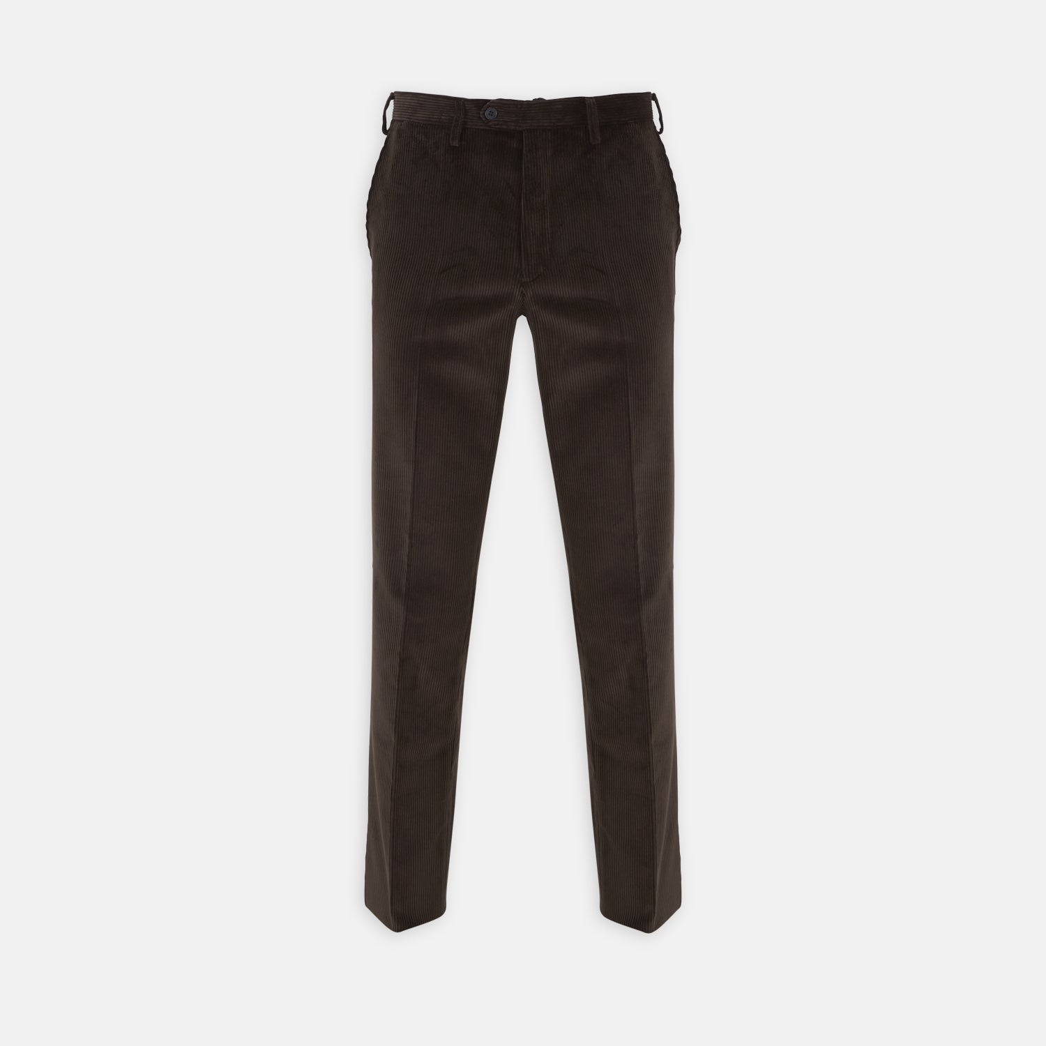 View 1 of product Turnbull & Asser’s Chocolate Brown Corduroy Trousers feature a straight-leg cut, side pockets, and belt loops—ideal for upgrading your winter wardrobe—shown against a plain white background.