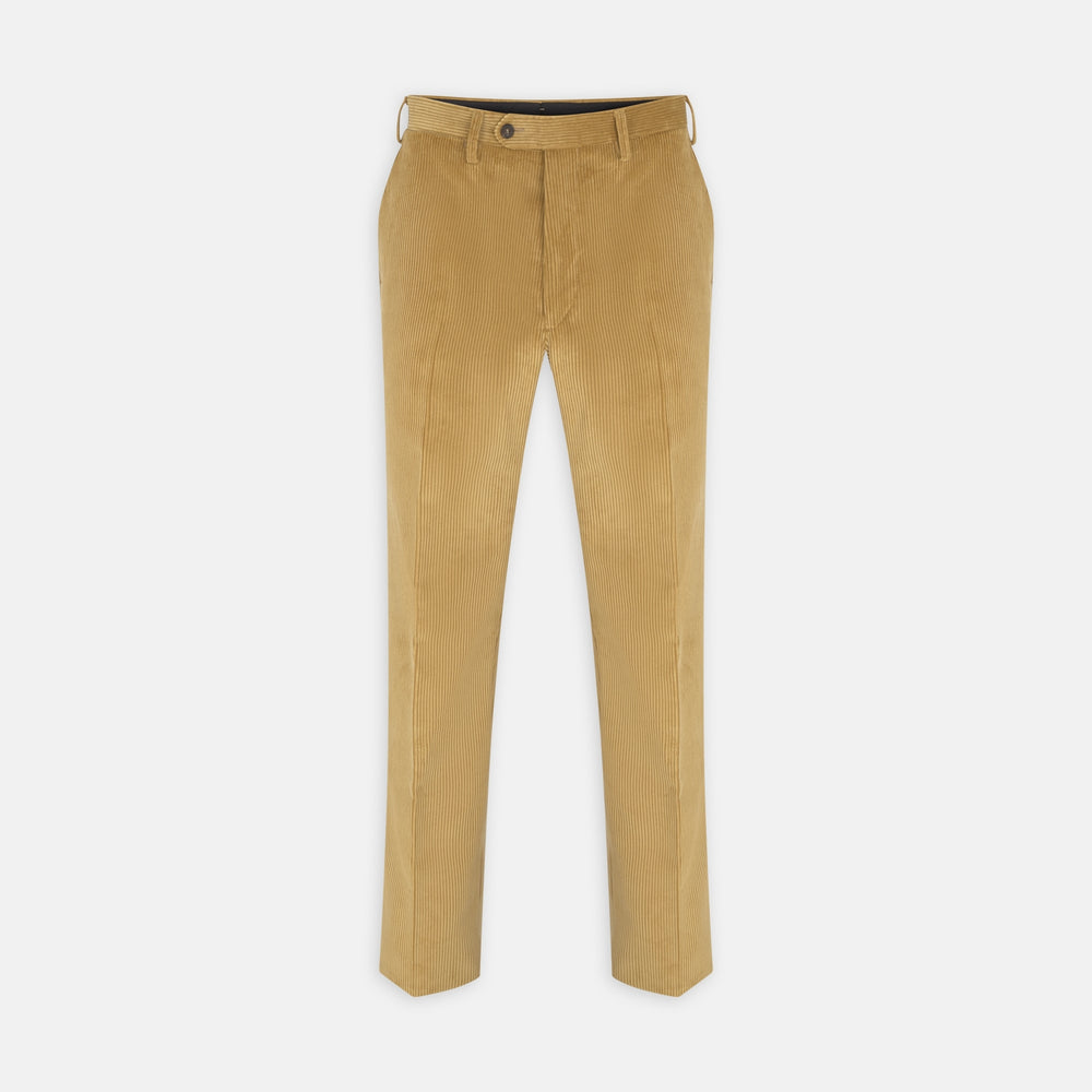 The Manson Sunflower Yellow Corduroy Trousers by Turnbull & Asser feature a straight-leg fit, belt loops, side pockets, and button closure—ideal for refreshing your seasonal wardrobe. Displayed against a plain white background.