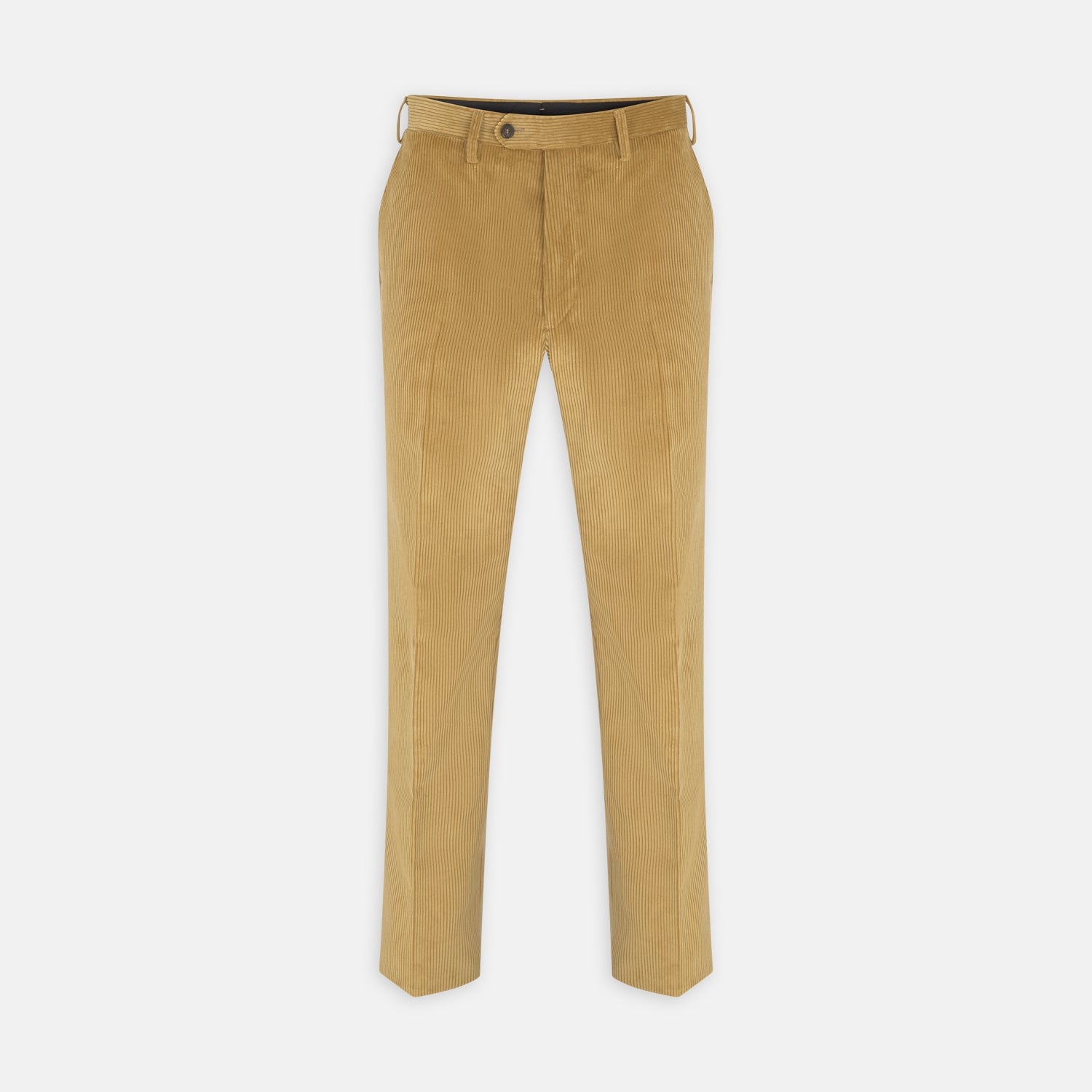 View 1 of product The Manson Sunflower Yellow Corduroy Trousers by Turnbull & Asser feature a straight-leg fit, belt loops, side pockets, and button closure—ideal for refreshing your seasonal wardrobe. Displayed against a plain white background.
