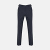 View 1 of product Harry Navy Check Wool Trousers by Turnbull & Asser feature a slim fit, angled side adjusters, and pressed leg creases, displayed on a plain white background.